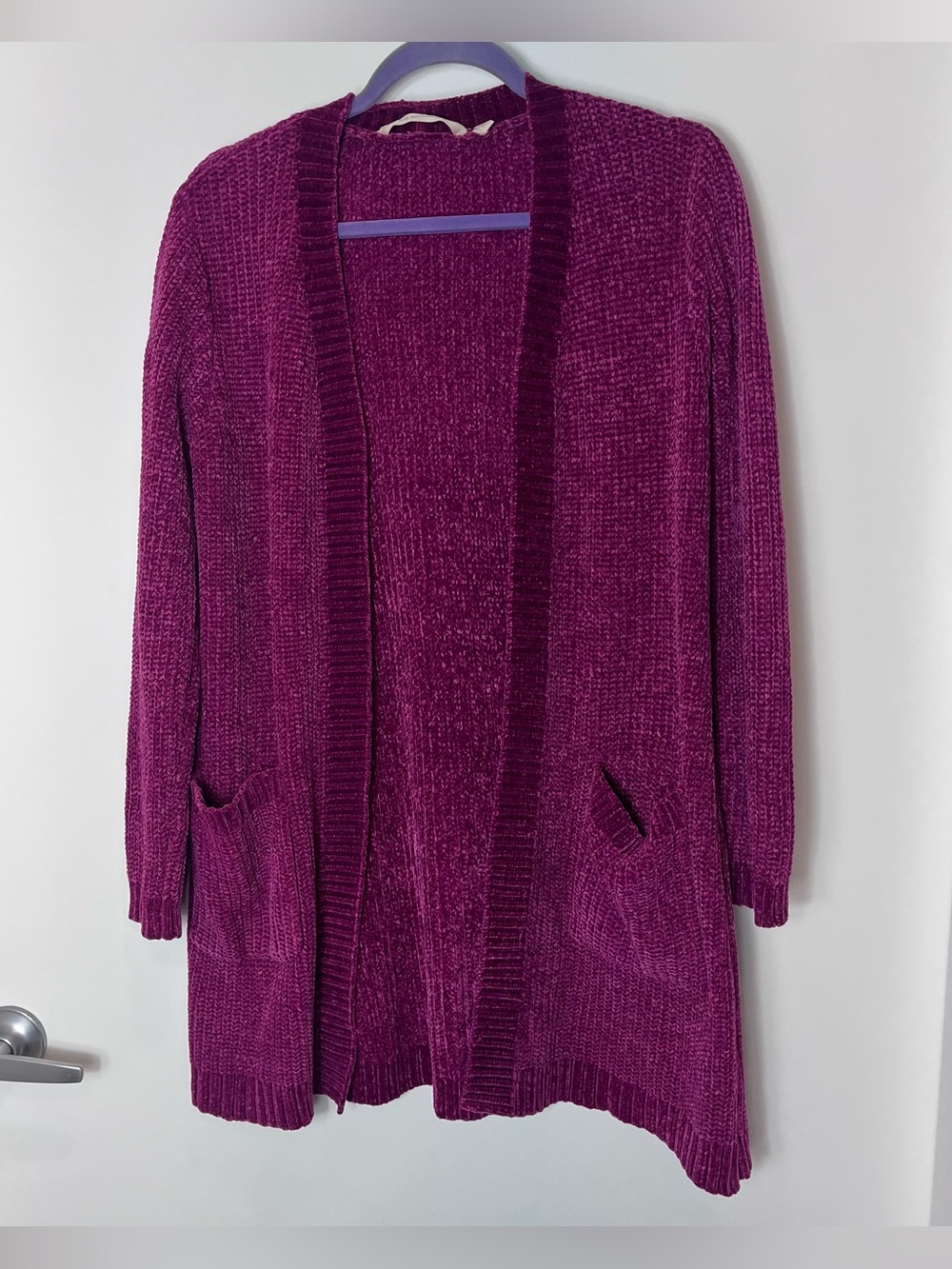 Soft Surrounding Chenille Open Front Cozy Cardigan XS Plush Berry Purple Pockets
